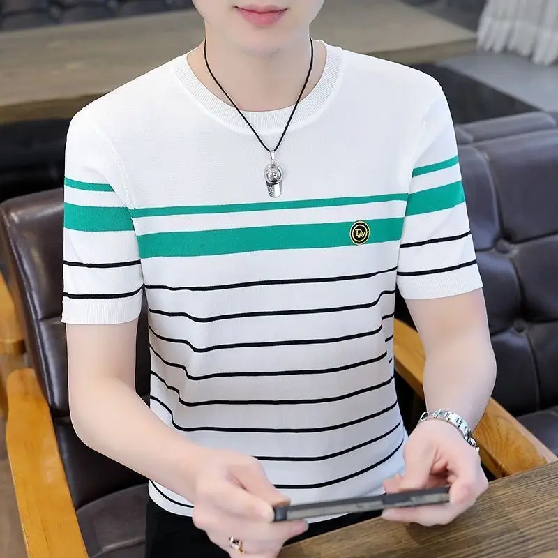 Men Striped Cotton T-Shirt White Green Half Sleeve — feature 5