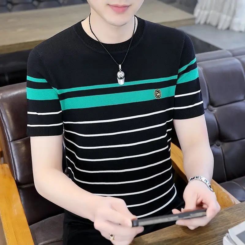 Men Striped Cotton T-Shirt White Green Half Sleeve — feature 6