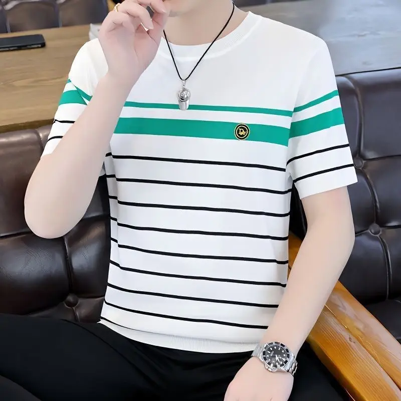 Men Striped Cotton T-Shirt White Green Half Sleeve — feature 7