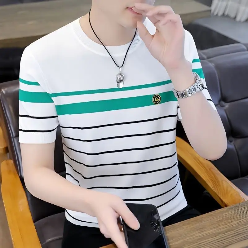 Men Striped Cotton T-Shirt White Green Half Sleeve — feature 8