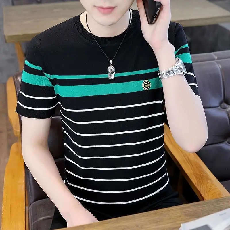 Men Striped Cotton T-Shirt White Green Half Sleeve — feature 9