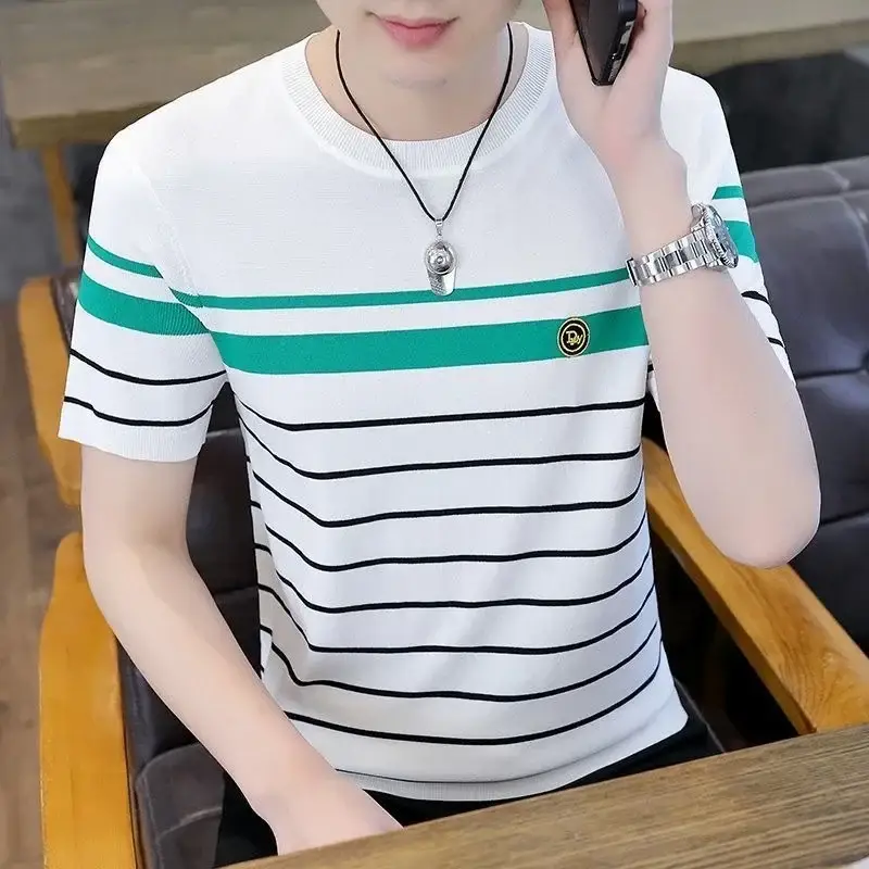 Men Striped Cotton T-Shirt White Green Half Sleeve - Image 5
