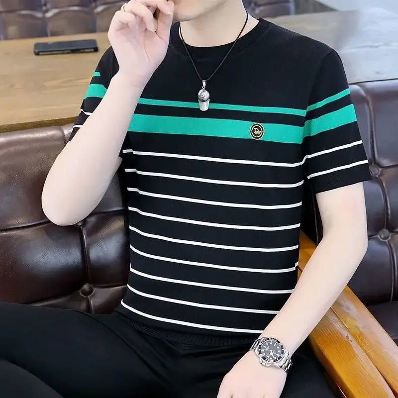 Men Striped Cotton T-Shirt White Green Half Sleeve - Image 8