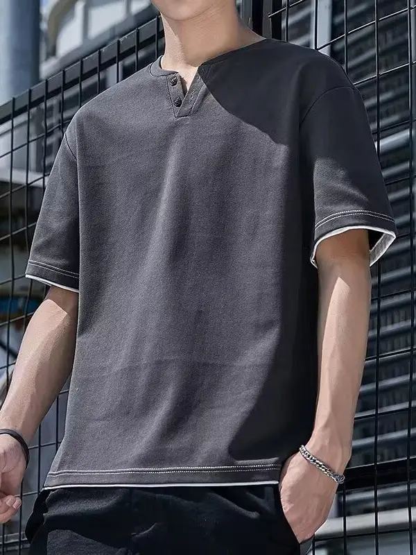 Men Korean Fake Two V Neck T-Shirt Light Blue