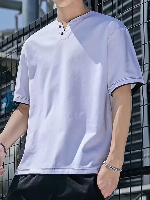 Men Korean Fake Two V Neck T-Shirt Light Blue