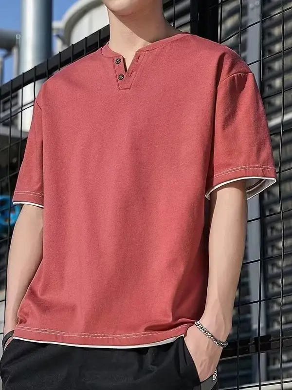 Men Korean Fake Two V Neck T-Shirt Light Blue