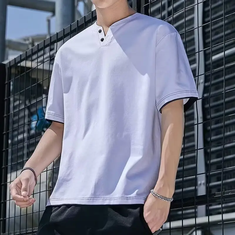 Men Korean Fake Two V Neck T-Shirt Light Blue — feature 10