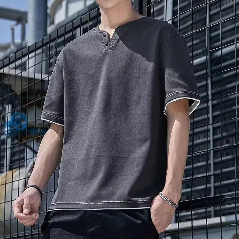 Men Korean Fake Two V Neck T-Shirt Light Blue — feature 13