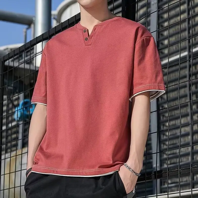 Men Korean Fake Two V Neck T-Shirt Light Blue — feature 8