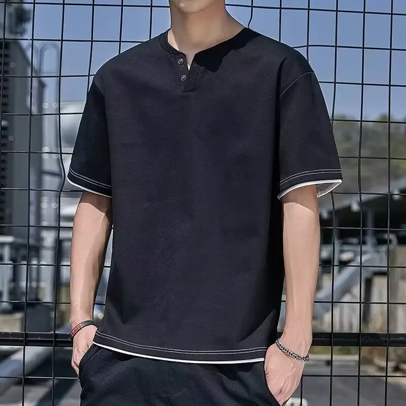 Men Korean Fake Two V Neck T-Shirt Light Blue