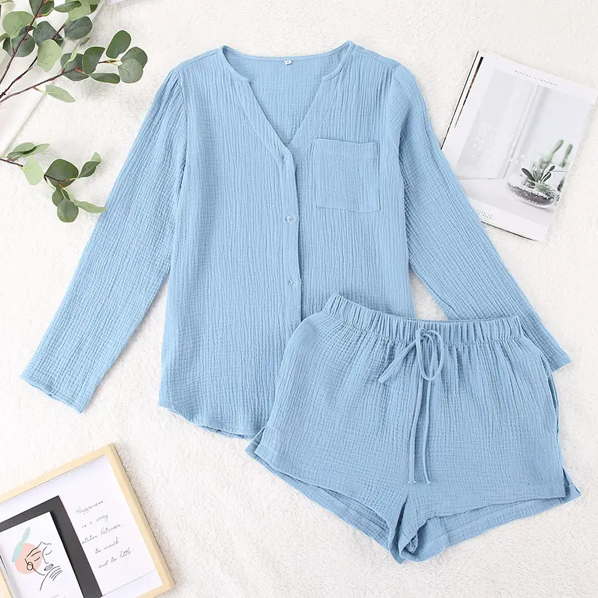 Women Cotton V-Neck Shorts Set White 2024