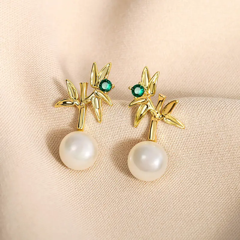 Natural Pearl Bamboo Leaf Earrings Gold Tone - Image 3