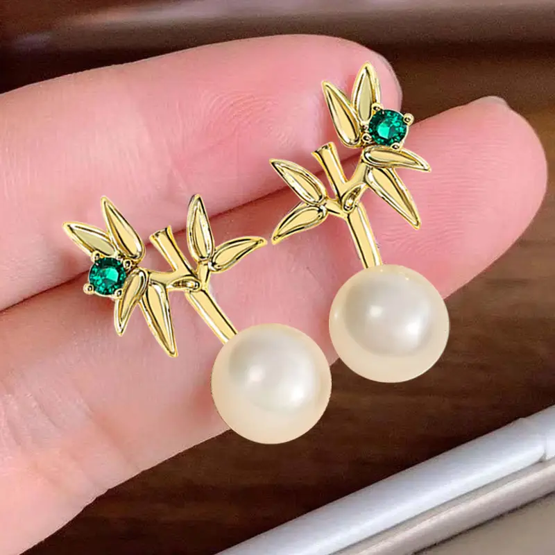 Natural Pearl Bamboo Leaf Earrings Gold Tone - Image 4