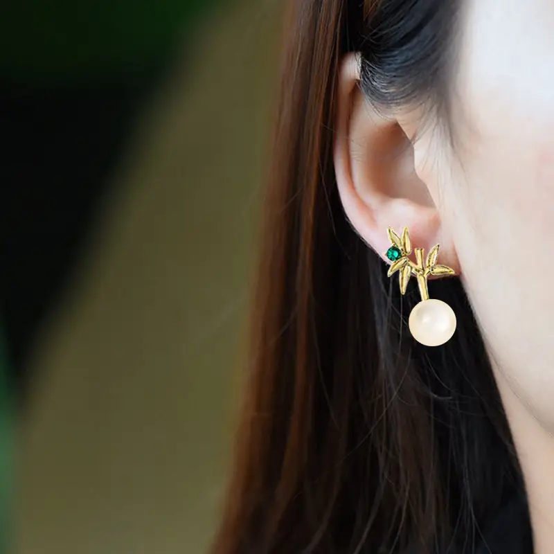 Natural Pearl Bamboo Leaf Earrings Gold Tone - Image 5