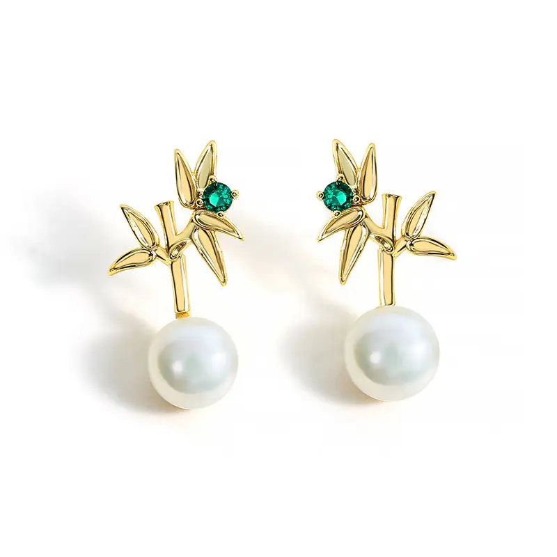 Natural Pearl Bamboo Leaf Earrings Gold Tone - Image 6