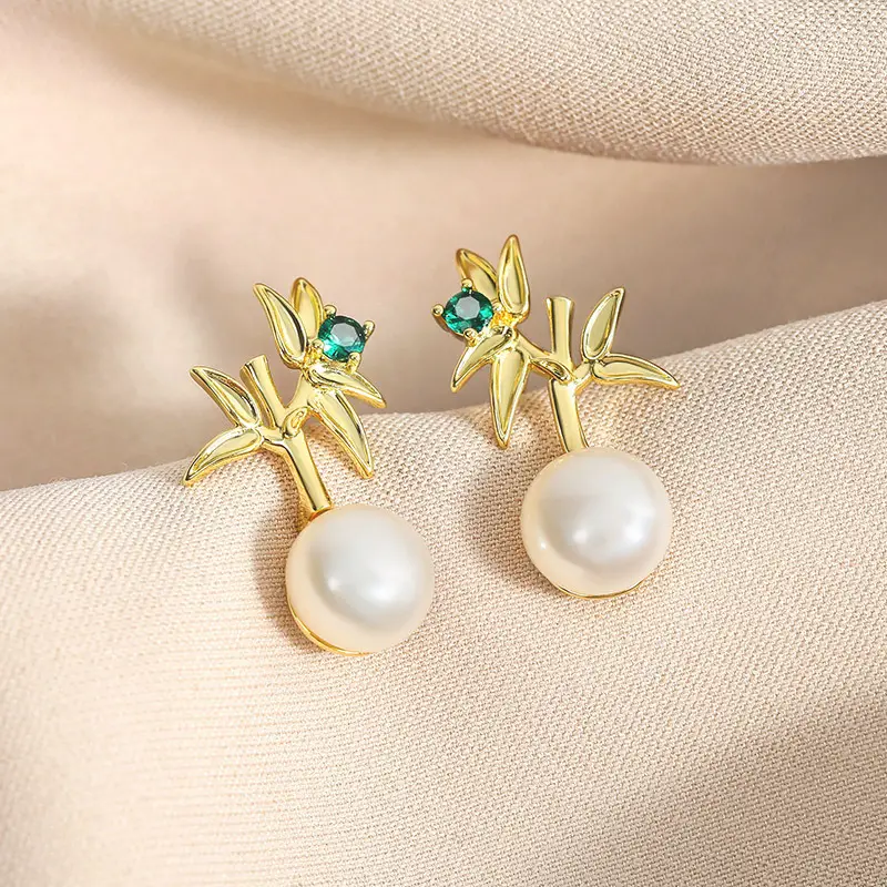 Natural Pearl Bamboo Leaf Earrings Gold Tone — feature 10