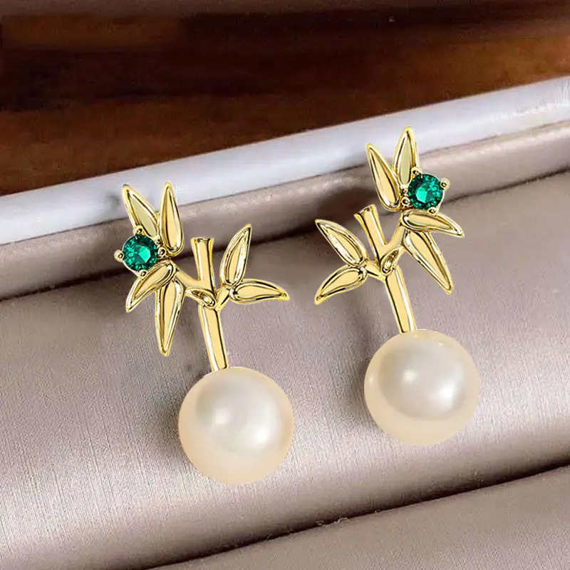 Natural Pearl Bamboo Leaf Earrings Gold Tone — feature 7