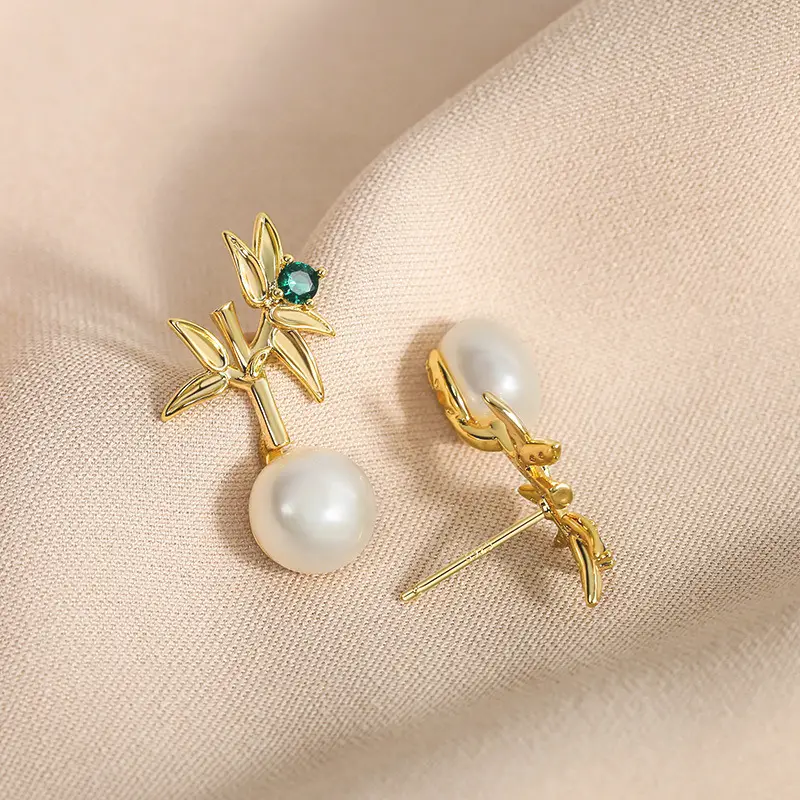 Natural Pearl Bamboo Leaf Earrings Gold Tone — feature 9
