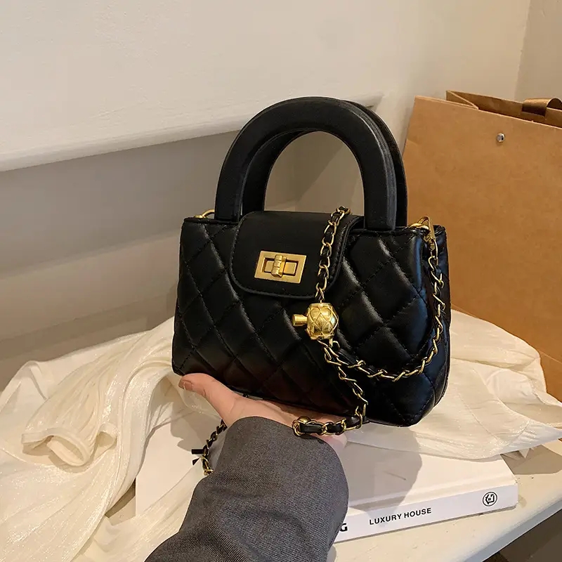 Black Diamond Plaid Handbag with Chain Strap - Image 6