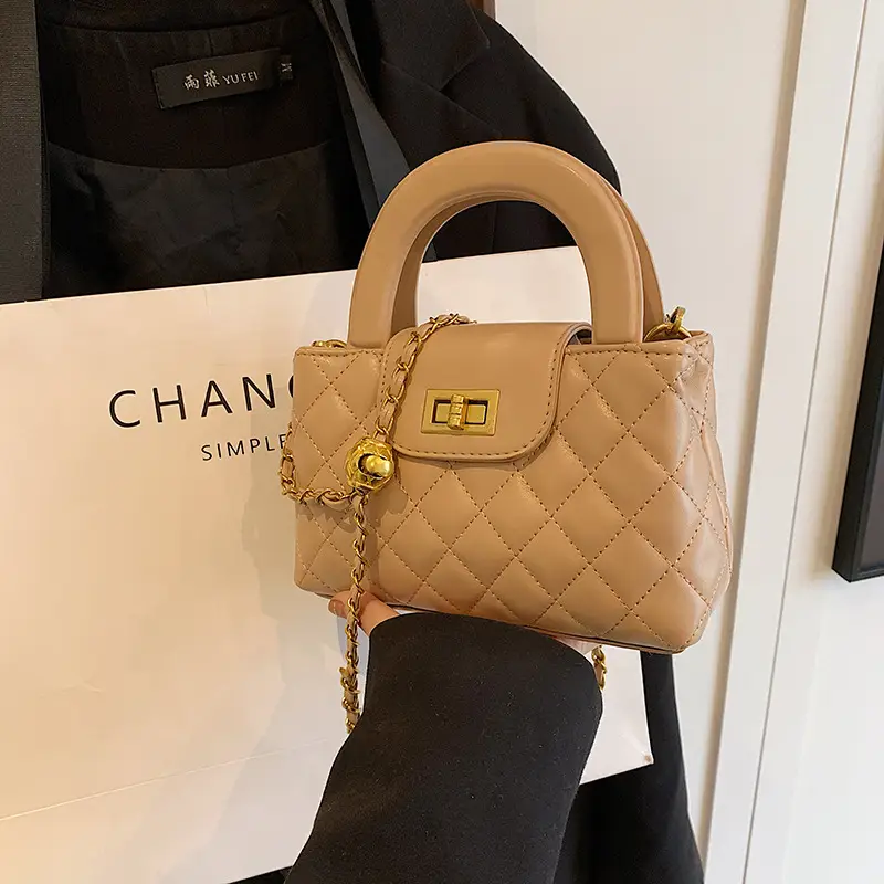 Black Diamond Plaid Handbag with Chain Strap - Image 8