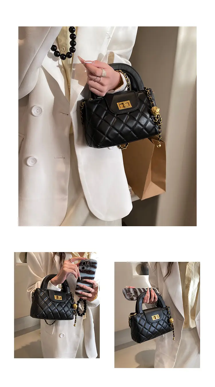 Black Diamond Plaid Handbag with Chain Strap — feature 12