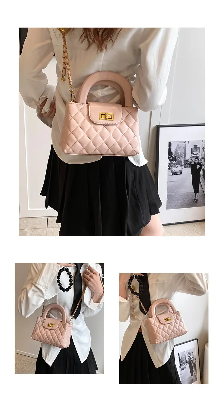 Black Diamond Plaid Handbag with Chain Strap — feature 9