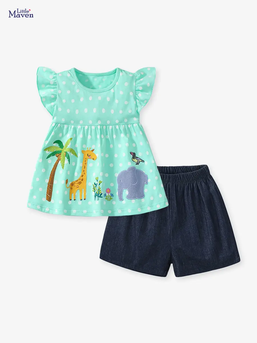 Girls Cotton Polka Dot Shorts Set Mint Green - Image 2