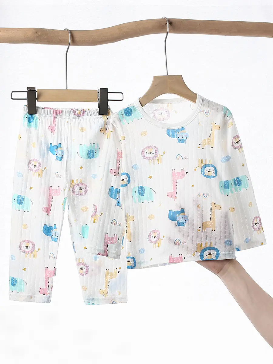 Children's Thin Summer Pajamas, Boys' Home Clothes, Cotton Suits, Girls' Long-Sleeved Air-Conditioned Clothes, Baby Kidsren's Spring & Fall Pure