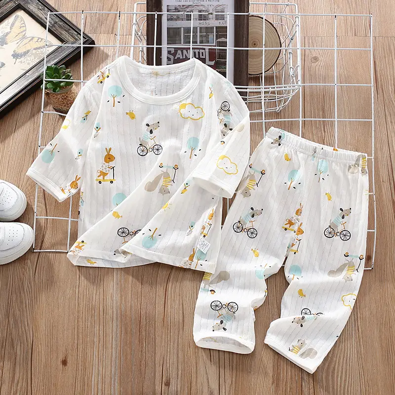 Children's Thin Summer Pajamas, Boys' Home Clothes, Cotton Suits, Girls' Long-Sleeved Air-Conditioned Clothes, Baby Kidsren's Spring & Fall Pure