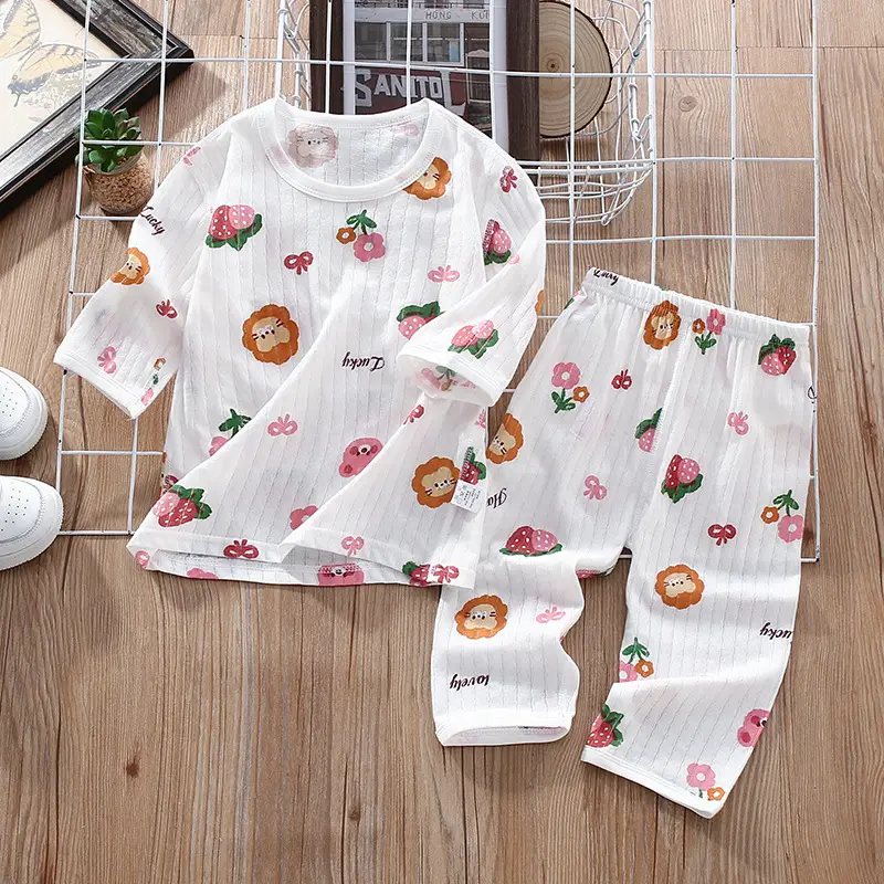 Children's Thin Summer Pajamas, Boys' Home Clothes, Cotton Suits, Girls' Long-Sleeved Air-Conditioned Clothes, Baby Kidsren's Spring & Fall Pure