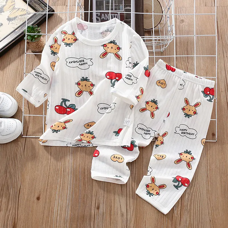 Children's Thin Summer Pajamas, Boys' Home Clothes, Cotton Suits, Girls' Long-Sleeved Air-Conditioned Clothes, Baby Kidsren's Spring & Fall Pure
