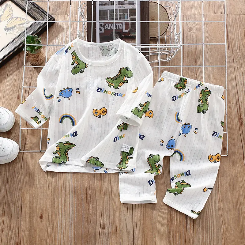 Children's Thin Summer Pajamas, Boys' Home Clothes, Cotton Suits, Girls' Long-Sleeved Air-Conditioned Clothes, Baby Kidsren's Spring & Fall Pure