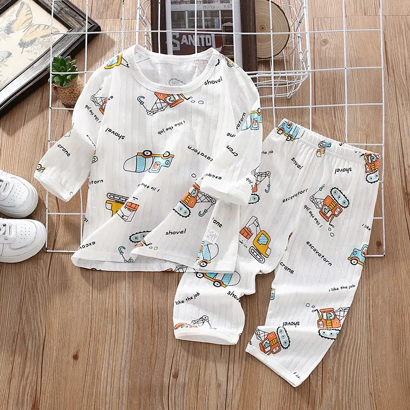 Children's Thin Summer Pajamas, Boys' Home Clothes, Cotton Suits, Girls' Long-Sleeved Air-Conditioned Clothes, Baby Kidsren's Spring & Fall Pure