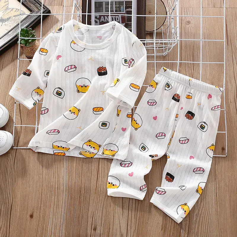Children's Thin Summer Pajamas, Boys' Home Clothes, Cotton Suits, Girls' Long-Sleeved Air-Conditioned Clothes, Baby Kidsren's Spring & Fall Pure