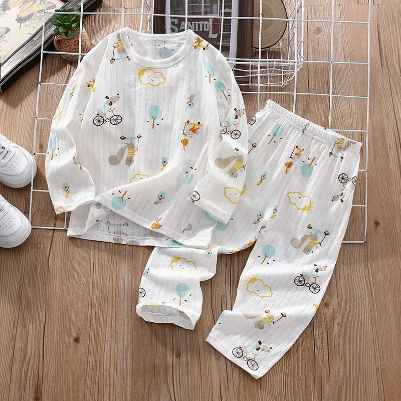 Children's Thin Summer Pajamas, Boys' Home Clothes, Cotton Suits, Girls' Long-Sleeved Air-Conditioned Clothes, Baby Kidsren's Spring & Fall Pure