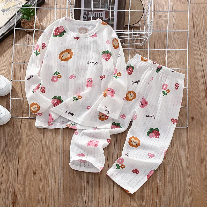 Children's Thin Summer Pajamas, Boys' Home Clothes, Cotton Suits, Girls' Long-Sleeved Air-Conditioned Clothes, Baby Kidsren's Spring & Fall Pure