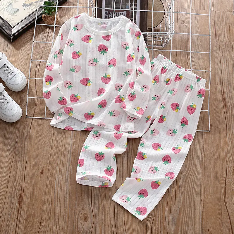 Children's Thin Summer Pajamas, Boys' Home Clothes, Cotton Suits, Girls' Long-Sleeved Air-Conditioned Clothes, Baby Kidsren's Spring & Fall Pure
