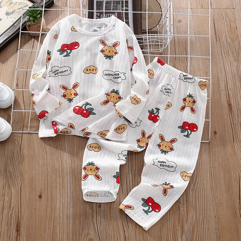 Children's Thin Summer Pajamas, Boys' Home Clothes, Cotton Suits, Girls' Long-Sleeved Air-Conditioned Clothes, Baby Kidsren's Spring & Fall Pure