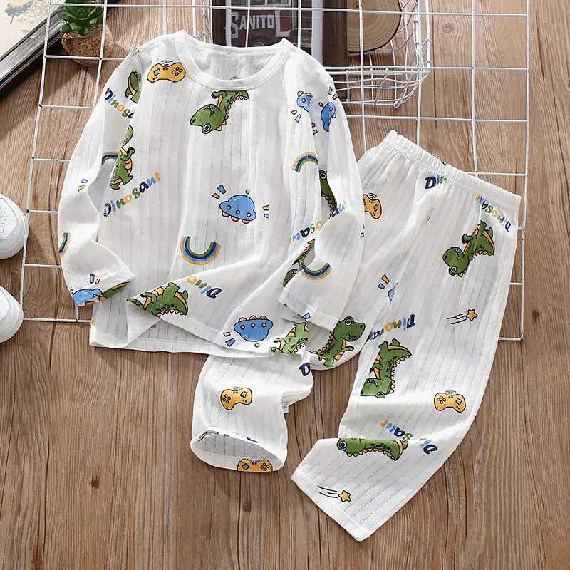 Children's Thin Summer Pajamas, Boys' Home Clothes, Cotton Suits, Girls' Long-Sleeved Air-Conditioned Clothes, Baby Kidsren's Spring & Fall Pure