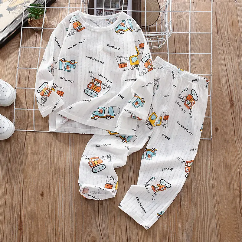 Children's Thin Summer Pajamas, Boys' Home Clothes, Cotton Suits, Girls' Long-Sleeved Air-Conditioned Clothes, Baby Kidsren's Spring & Fall Pure