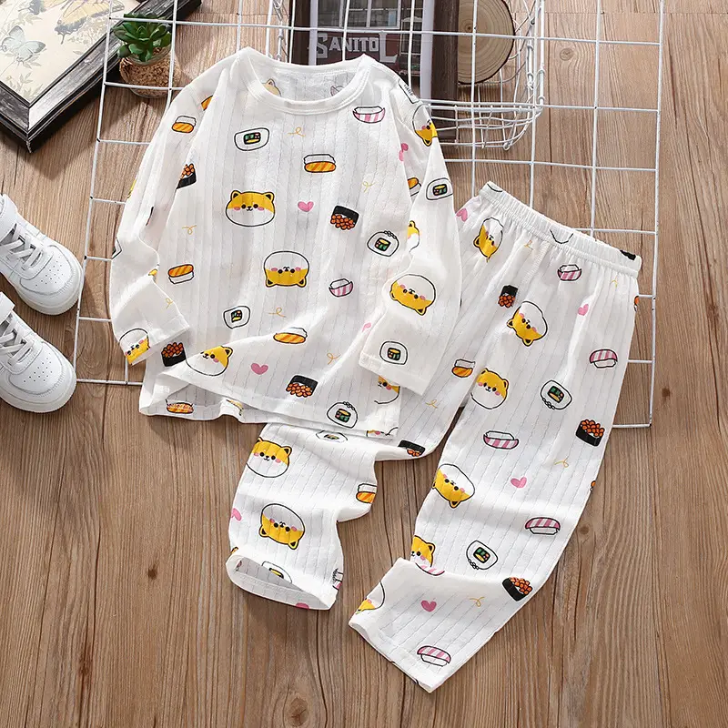 Children's Thin Summer Pajamas, Boys' Home Clothes, Cotton Suits, Girls' Long-Sleeved Air-Conditioned Clothes, Baby Kidsren's Spring & Fall Pure