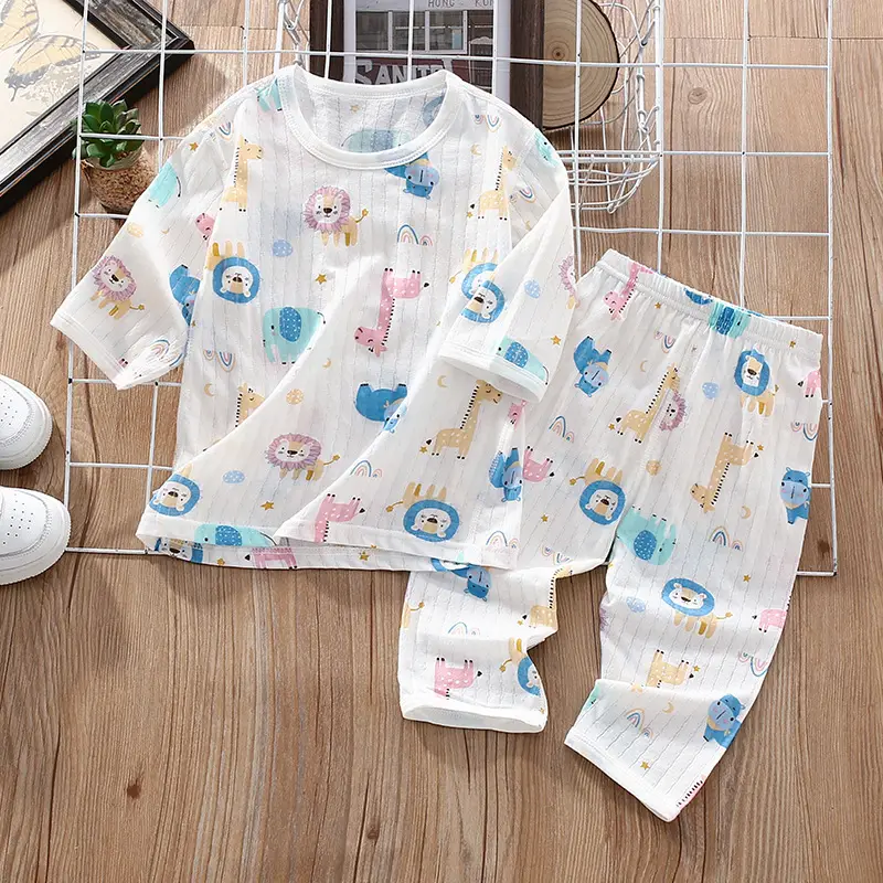 Children's Thin Summer Pajamas, Boys' Home Clothes, Cotton Suits, Girls' Long-Sleeved Air-Conditioned Clothes, Baby Kidsren's Spring & Fall Pure