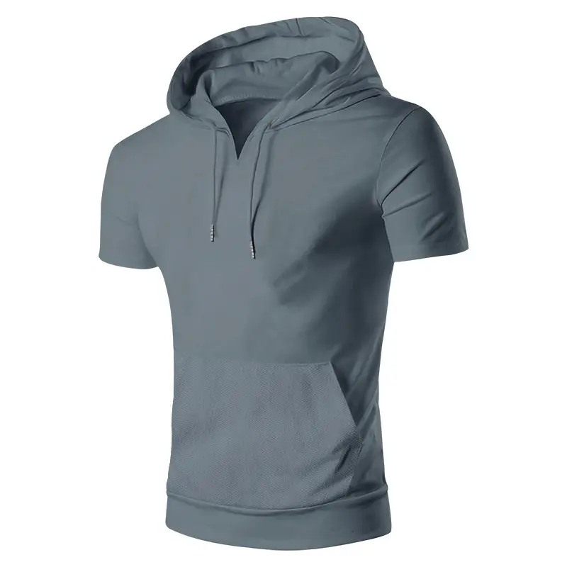 Men's 2025 Grey Hooded T-Shirt Short Sleeve Fitted