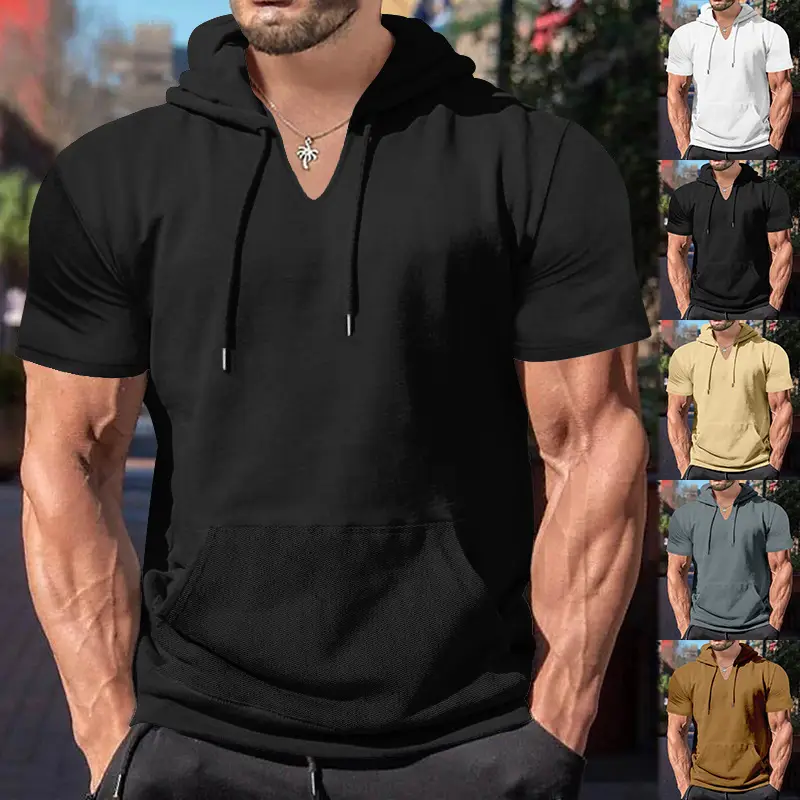 Men's 2025 Grey Hooded T-Shirt Short Sleeve Fitted — feature 12