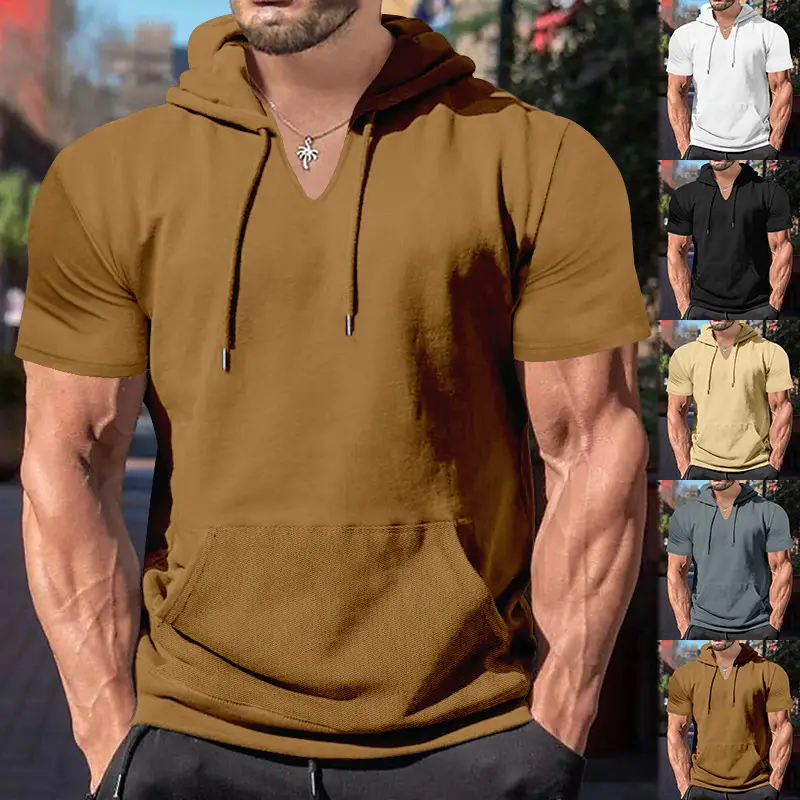 Men's 2025 Grey Hooded T-Shirt Short Sleeve Fitted — feature 20