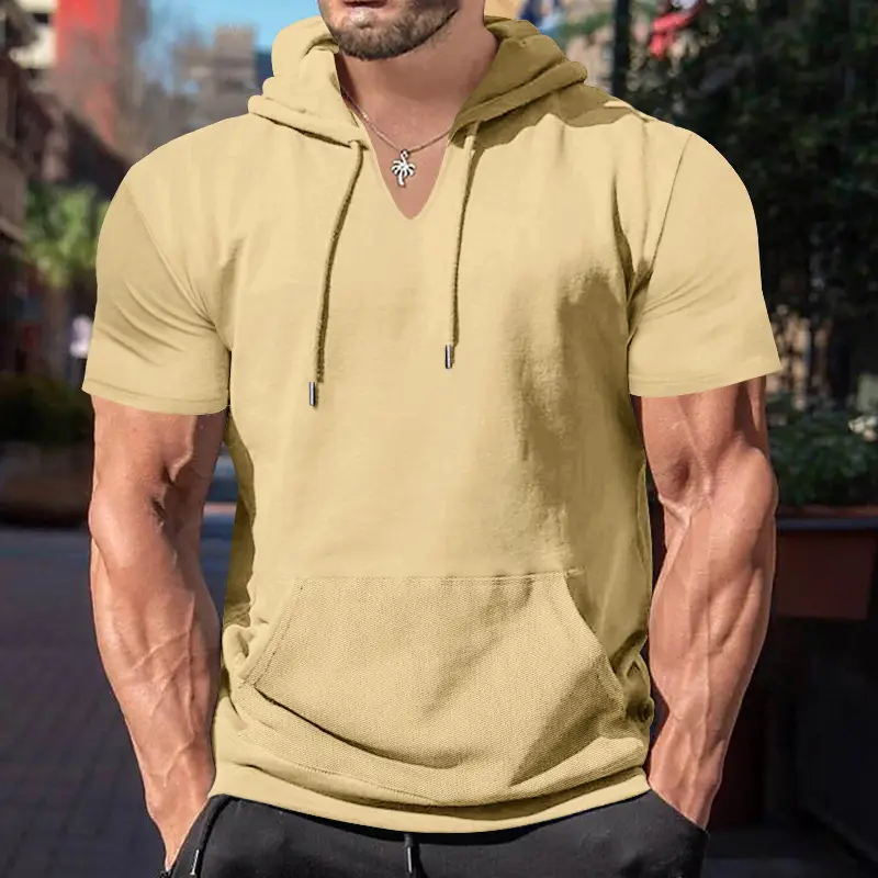 Men's 2025 Grey Hooded T-Shirt Short Sleeve Fitted — feature 28