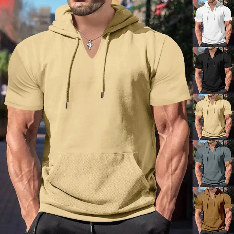Men's 2025 Grey Hooded T-Shirt Short Sleeve Fitted — feature 29