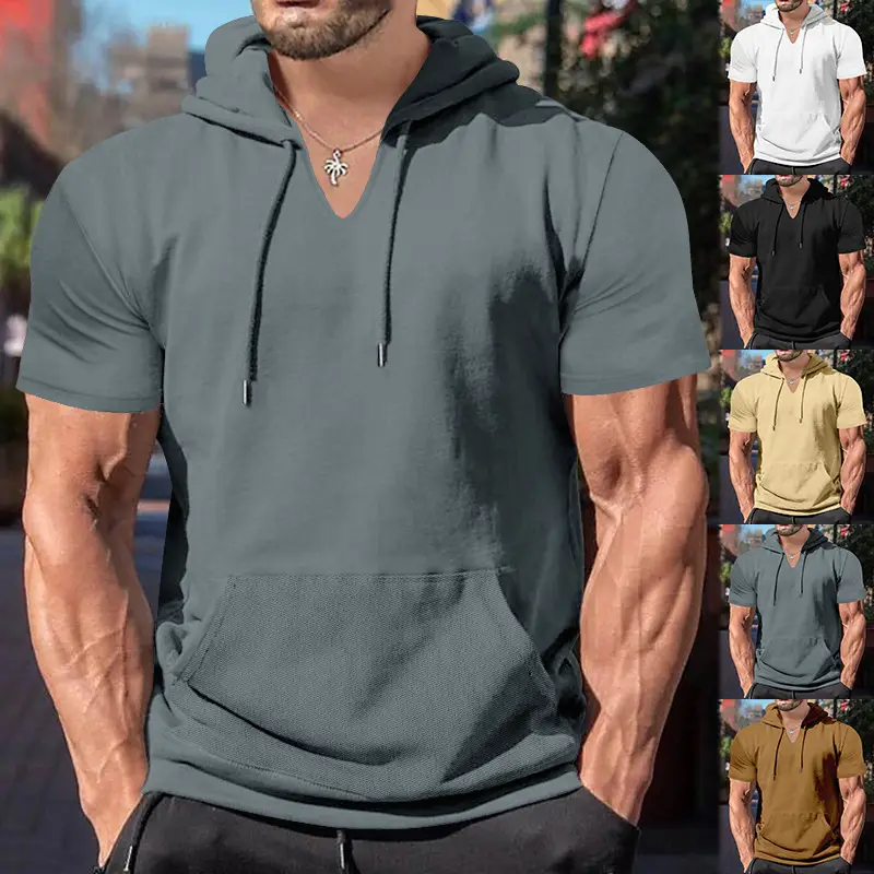 Men's 2025 Grey Hooded T-Shirt Short Sleeve Fitted — feature 37