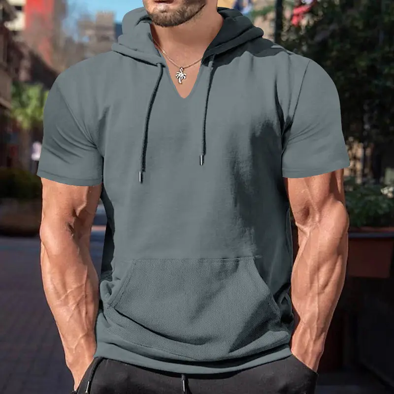 Men's 2025 Grey Hooded T-Shirt Short Sleeve Fitted — feature 38