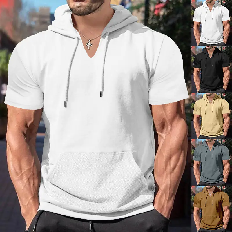 Men's 2025 Grey Hooded T-Shirt Short Sleeve Fitted — feature 4